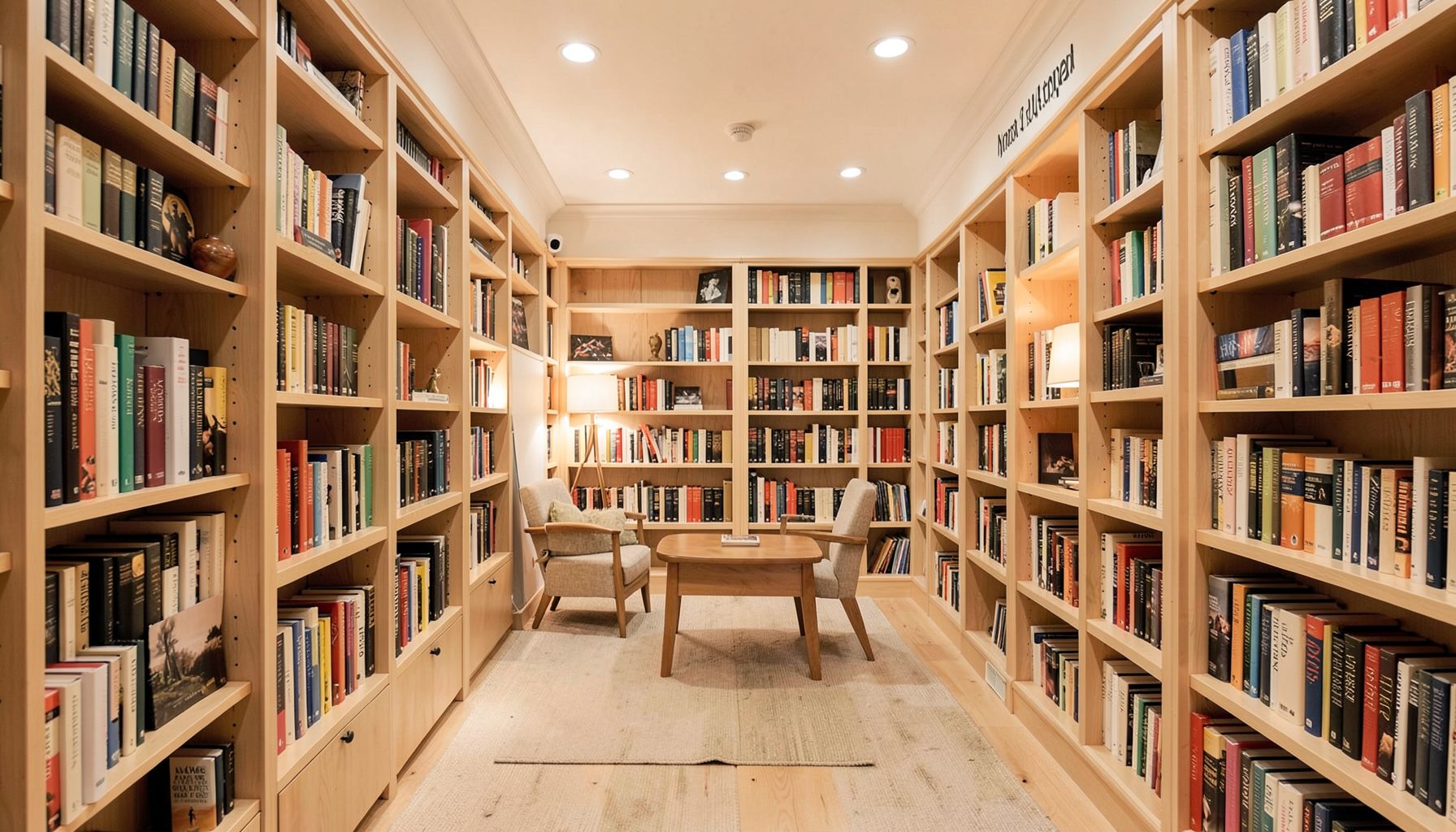 Светлый читальный зал с книгами на полках, тёплое освещение, уютная обстановка